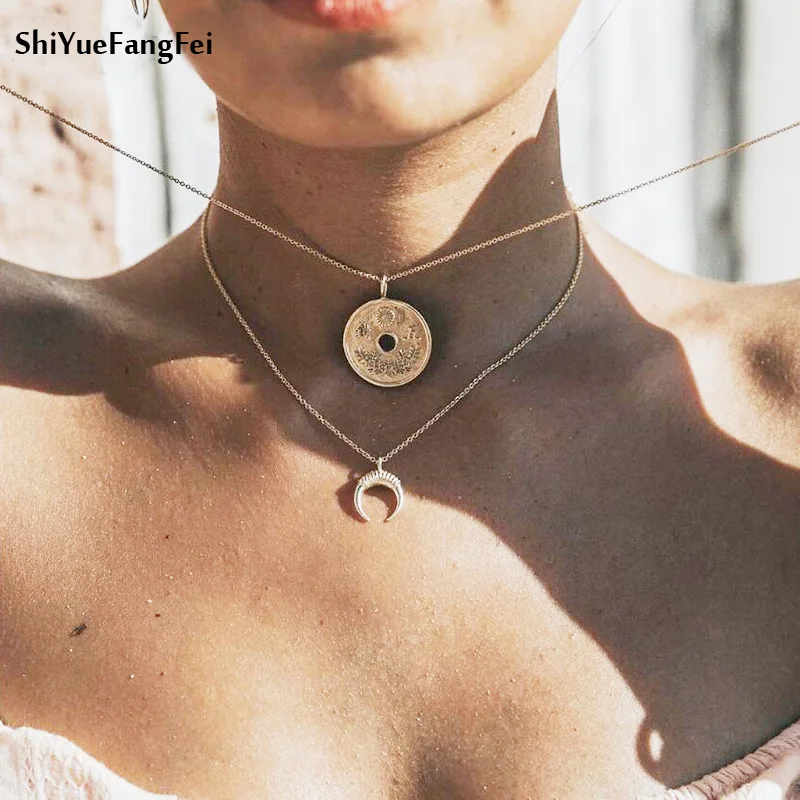 

New Fashion Double Horn Necklace Crescent Moon Necklace Boho Jewelry Gold Colour Double layer Minimal Girlfriend Gift