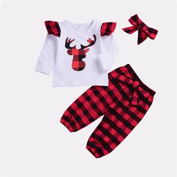 

Newborn Baby Clothes Infant Girl First Christmas Tshirt+Pant Outfits Long Sleeve Plaid Cotton Clothing Set 3 PCS D1063