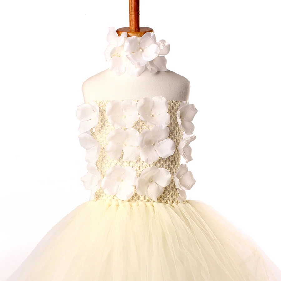 Elegant Floral Girls Tutu Dress with Pearl Centers for Wedding Birthday Party or Photo Shoot Children Flower Tulle (1)