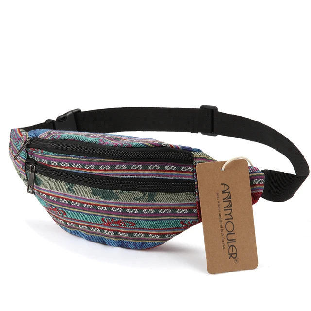 Annmouler New Women Fanny Pack 8 Colors Fabric Waist Packs Bohemian Style Waist Bag 2 Pocket Waist Belt Bag Travel Phone Pouch 4