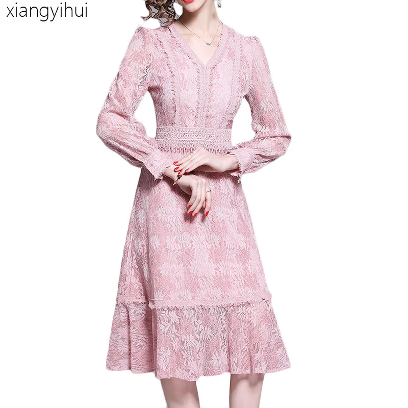 

Fashion Long Sleeves Pink Lace Dress Women Elegant Hollow Out Lace Midi Dresses Party Vestido 2019 Office Ladies Work Clothes