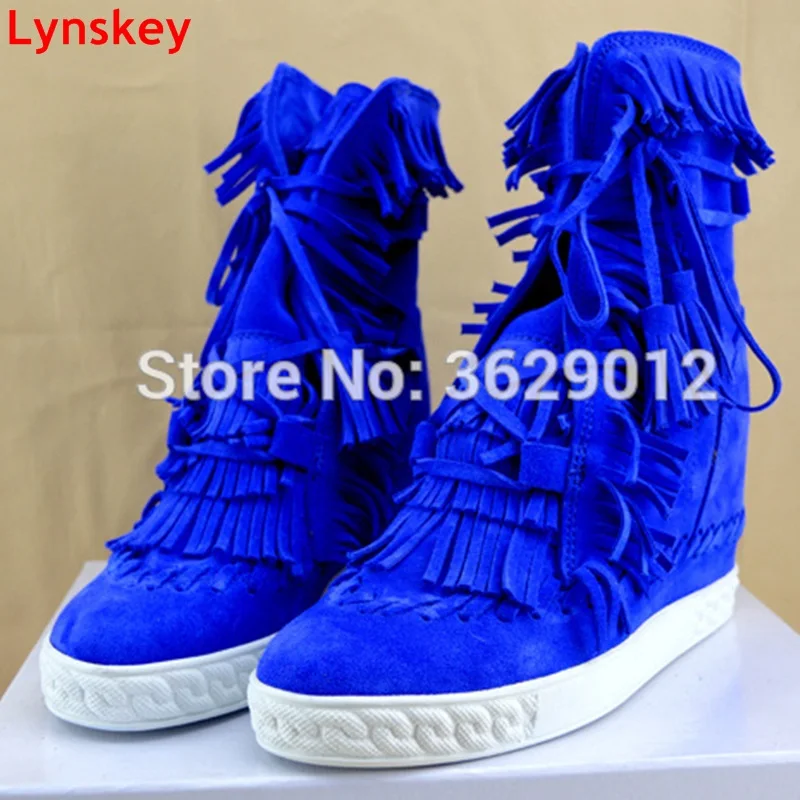 Lynskey Hot Sale Women Wedges Ankle Boots Female Tassel Hidden Heel