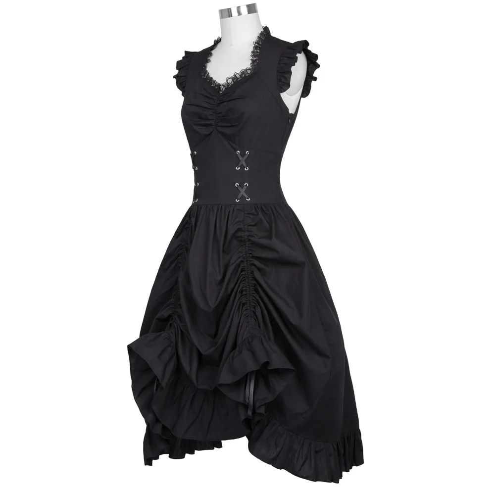 Retro Vintage Black Punk Gothic Sleeveless V-neck Lace-up Corset Ruffle Dress