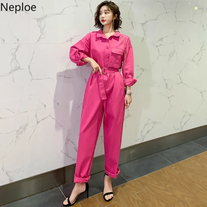 

Neploe Bodysuit Women Summer 2019 Loose Solid Single Breasted Pockets Jumpsuit Korean Sashes High Waist Playsuit 43582