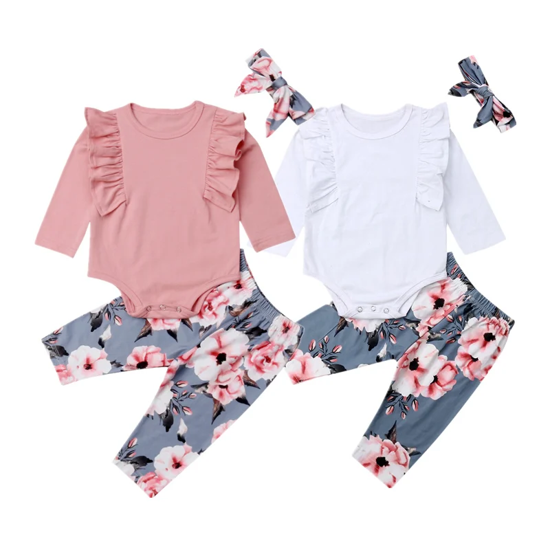 

2019 New Winter Cute Newborn Baby Girls Clothes Set Princess Cute Flower Top Romper Long Pants Headband 3PCS Outfits Costumes