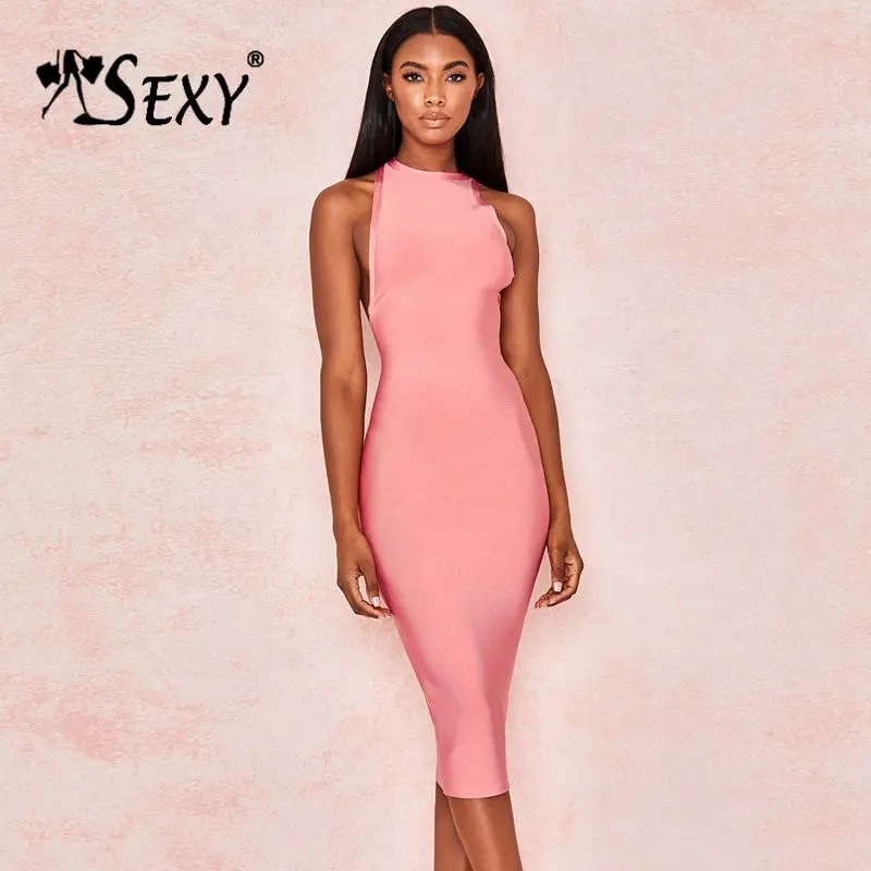 

Gosexy 2019 New Sexy Cut Out Back Bandage Dress Round Neckline Simple Midi Dress Party Tropical Outfit