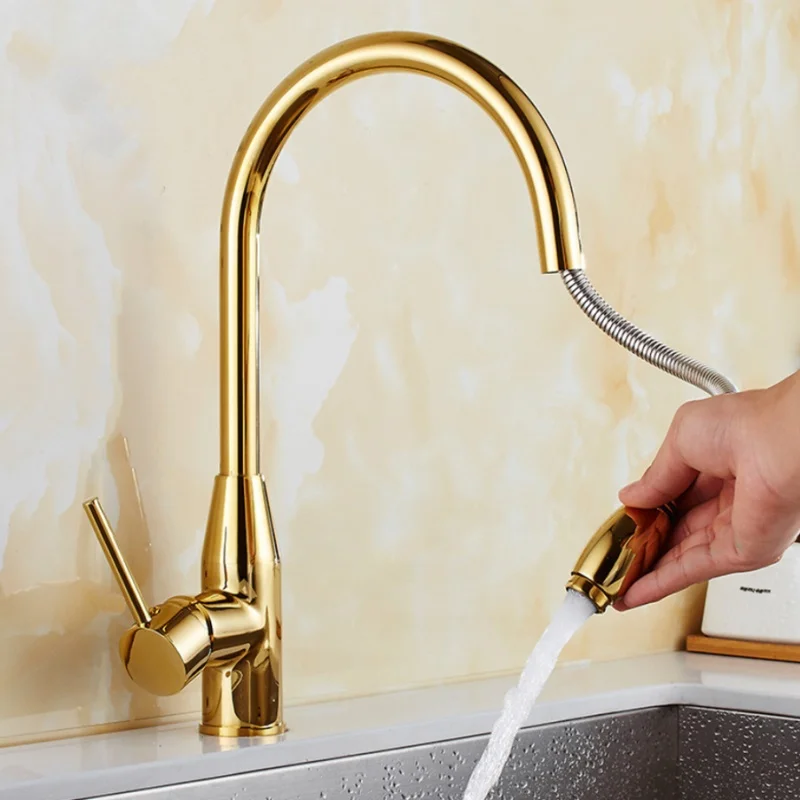 

Pull Out Single Lever Kitchen Sink Tap Wash Basin Bathroom Faucet Plating Titanium Gold Cold and Hot Water Mixer