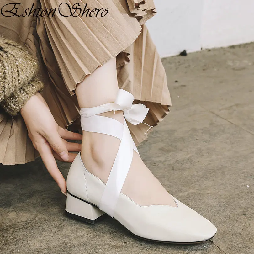 

EshtonShero Summer Women's Shoes Woman Pumps Leather+PU Med Heels Slip On Square Toe Black Ladies Wedding Shoes Size 3-8