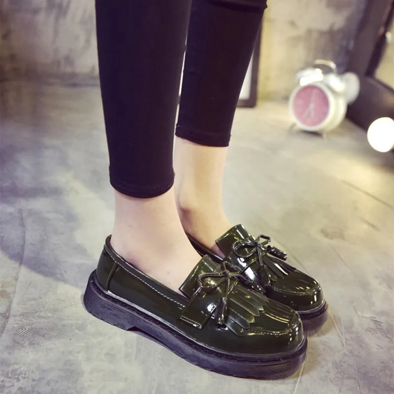 COOTELILI/Модная обувь на плоской подошве с кисточками; женская обувь на платформе; женские лоферы в Корейском стиле; женские туфли-оксфорды на резиновой подошве; Размеры 35-40 - Цвет: Зеленый