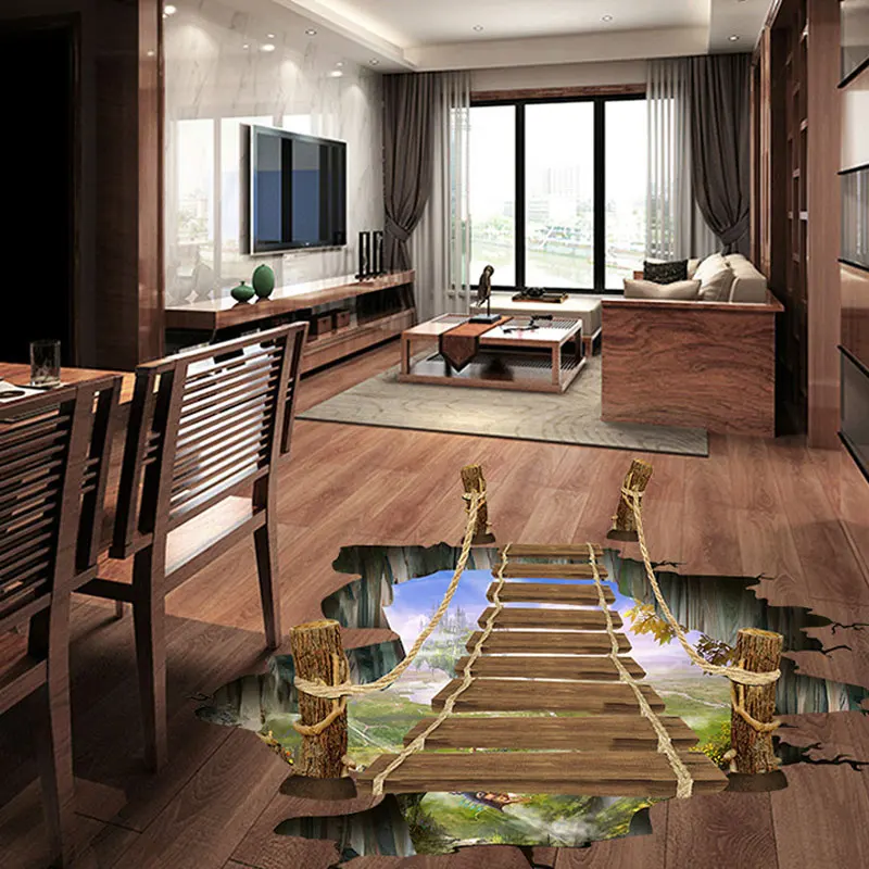 

3D Mural Small Bridge Suspension Nature Landscape Photo Background Flooring Wallpaper for Bathroom Decor Hogard