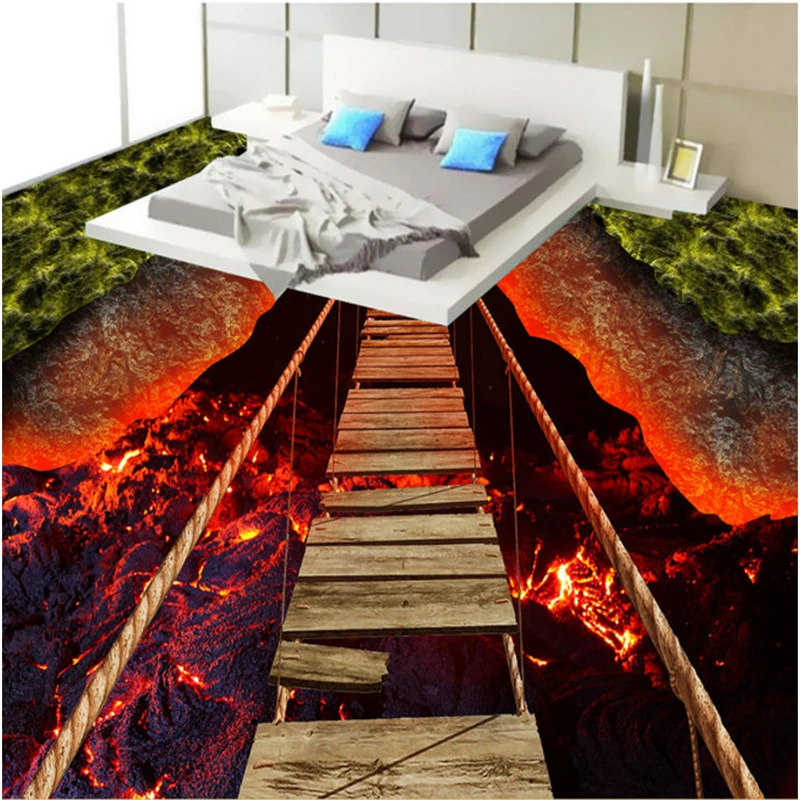 

beibehang Large custom flooring adventure rope bridge volcanic lava 3D living room bathroom floor decoration painting