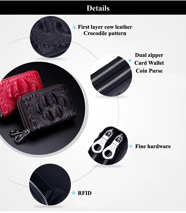Lomelobo Lady Alligator Card Wallet Genuine Leather Girls Dual Zipper Coin Purse Women Card Holder Female Credit ID Cards Wallets HCL3257 Details (03)
