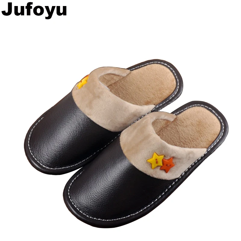 

2017 New Unisex Cotton Home Slippers Spring Warm Genuine Leather Slippers Indoor Cartoon Slippers Shoes For Teen Boys Girls