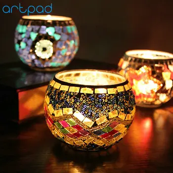

Colorful Battery Powered Led Night Lamp Turkish Colorful Glass Candleholder For Coffee Bar Dining Room Indoor Decor Lighting