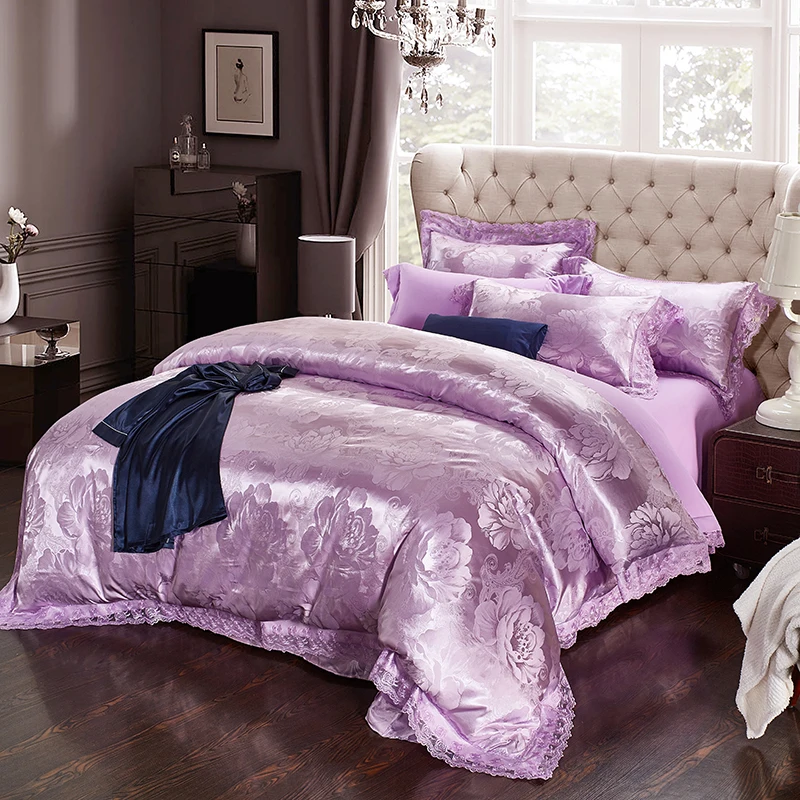 

Home textile Luxury Jacquard Violet bedding sets queen king duvet cover lace flat bed sheet pillowcase 4pcs wedding gift bed set