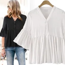 Повседневное свободная, с коротким рукавом Для женщин футболка Flare рукавом V образным вырезом плиссированная футболка Femme однотонные Размеры d летний топ плюс Размеры