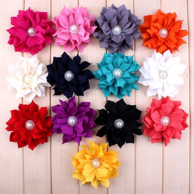 10pcs/lot 3.6&quot 13 Colors Hair Clicps Fabric Lotus Leaf Flower For Chic Shiny Pearl Crystal Flowers Accessories DIY |