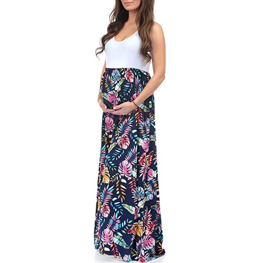 MUQGEW Для женщин беременных платье ремень для беременных комбинированное длинное платье для беременных печати жилет с листьями одежда макси материнской Беременность платья