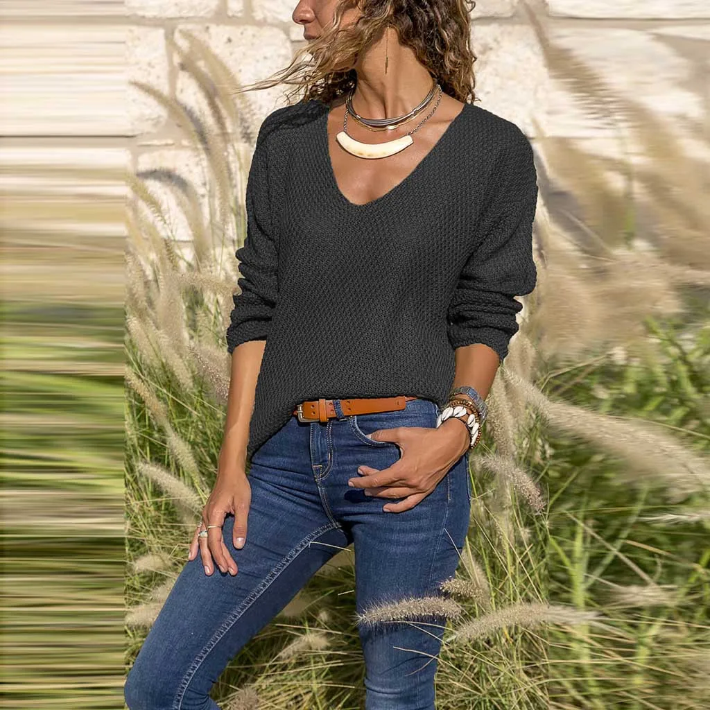 

Women's sexy V-Neck Solid Color Matching sweater Long-Sleeved Slim pullover women Streetwear chompas de mujer invierno