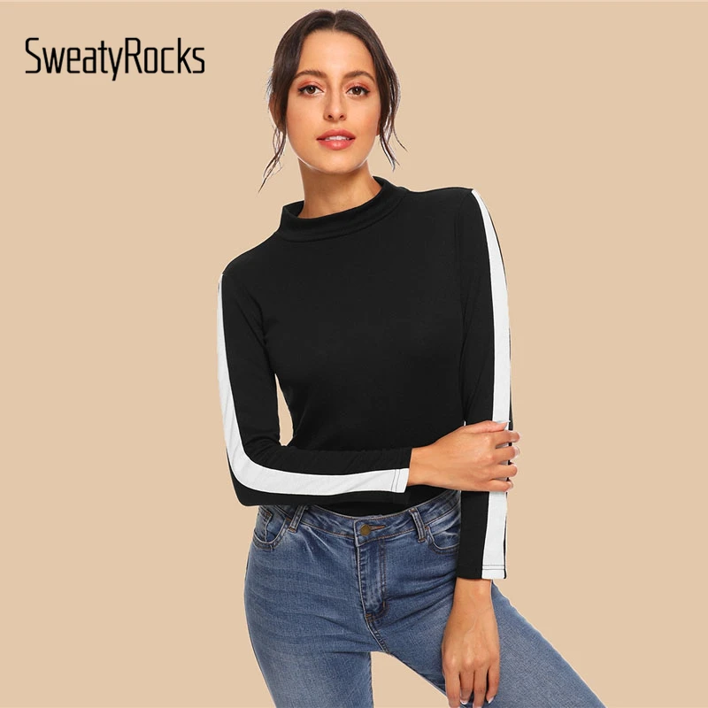 Download SweatyRocks Black Mock Neck Contrast Panel Detail T shirt ...