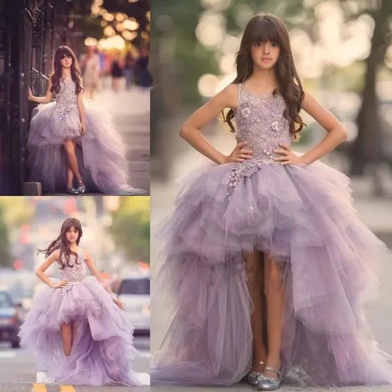 

Gorgeous Hi-Lo light purple Flower Girl Dresses Princess Party prom Pageant gown Pearls kids dancing performing dress with train