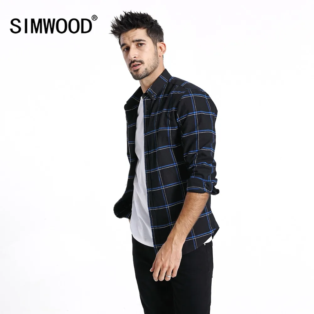 

SIMWOOD Casual Shirts Men 2019 New 100% Pure Cotton Long Sleeve Plaid Shirts Male Slim Fit Plus Size camisa masculina 190008