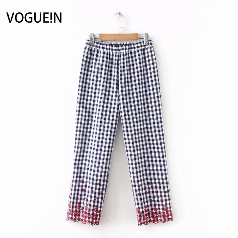 

VOGUEIN New Womens Summer Navy Plaid Check Print Embroidered Pants Trousers Wholesale