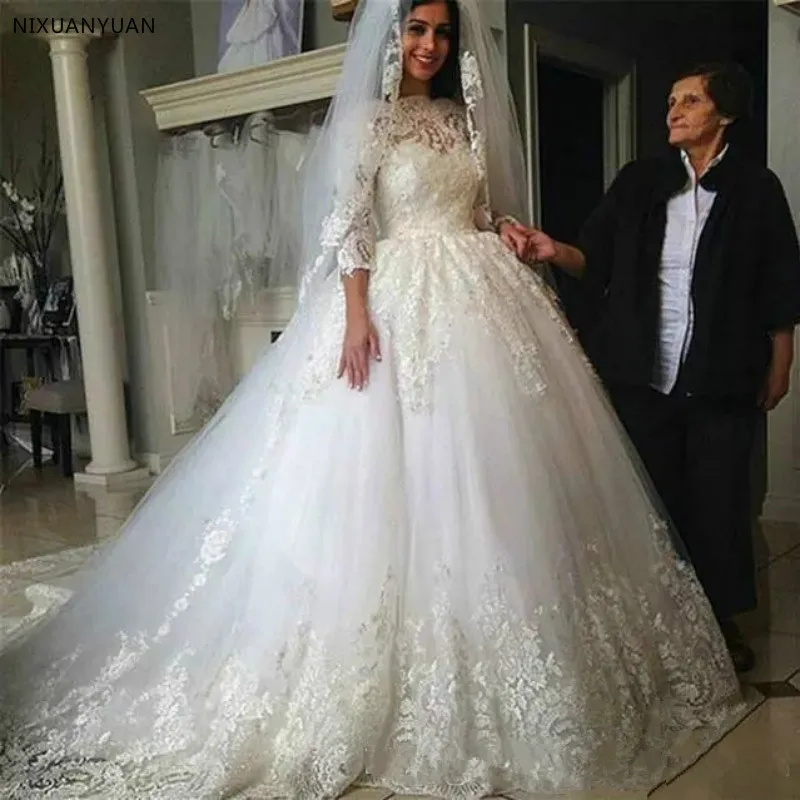Vestido De Noiva Trouwjurk 2019 кружево Тюль свадебное платье es Свадебные платья Иллюзия 3/4 рукав свадебное платье вышитое бисером халат mariée