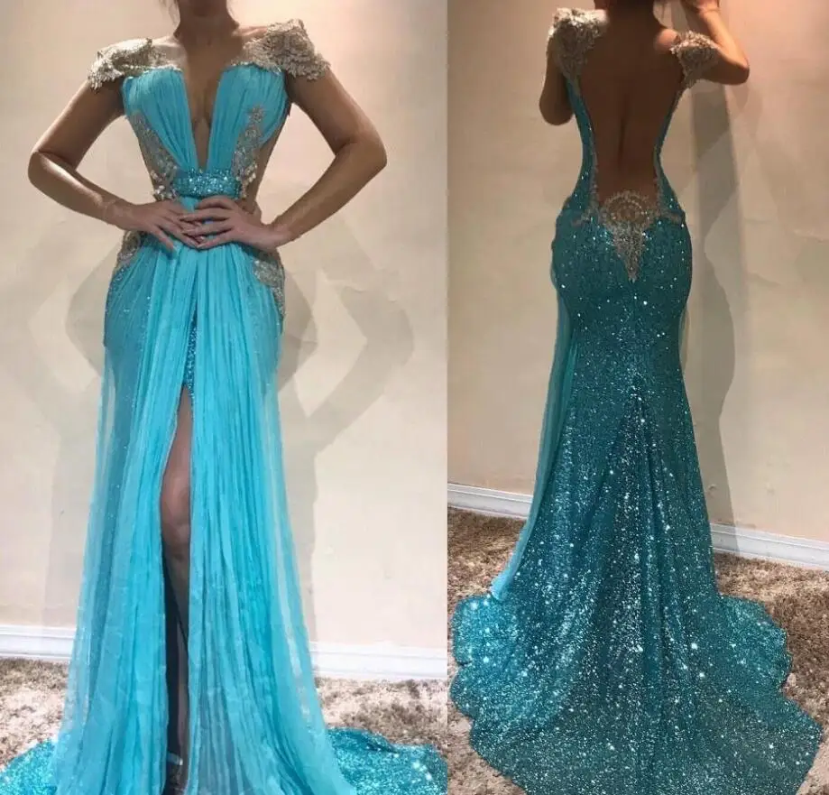 2019 Cheap Long Evening Dress Dubai Front Split Open Back Sequined Holiday Women Wear Formal Party Prom Gown Custom Made sexy ball gowns Evening Dresses