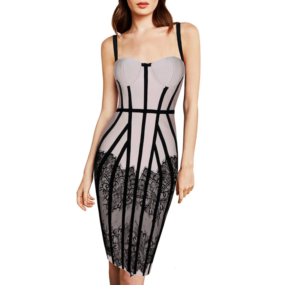 

Lace Bandage Dresses 2019 Fashion Evening Party Dress Patchwork Clothing Spaghetti Strap Sleeveless Deep V Backless Sexy Club
