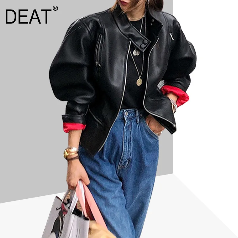 

DEAT 2019 new Korean Autumn And Winter Pattern turtleneck batwing sleeves zippers jacket PU removeable warm coat WC16301L
