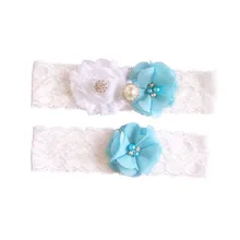 1 pair wedding garter set bride blue bridal lace Chiffon flower toss garter inspired garter with pearl rhinestone