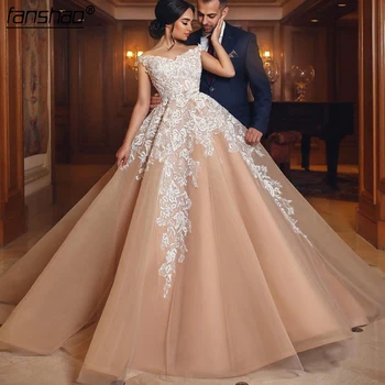 

Champagne Tulle Wedding Dresses Ivory Lace Ball Gown Boat-neck Dubai Vestido De Noiva Arabic Wedding Gown Bridal Dresses