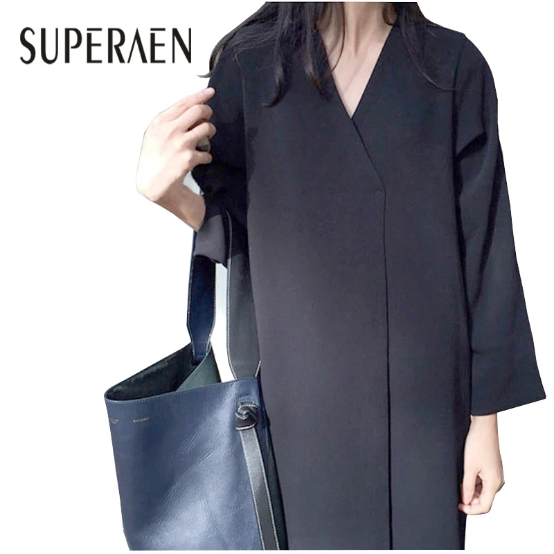 Beste SuperAen Koreaanse Stijl Vrouwen Lange Jurk 2018 Lente Nieuwe Vrouwen Retro Jurk Effen Kleur V hals Losse Lange mouwen Jurk vrouwelijke