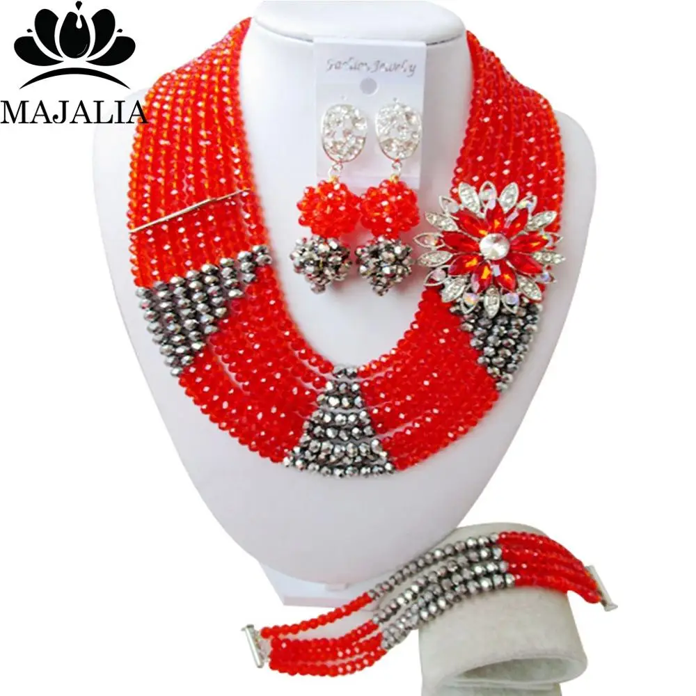Мода в Африканском нигерийском стиле на свадьбу бусы ювелирный набор красный кристалл колье, Свадебные украшения наборы MO-179 - Окраска металла: 9