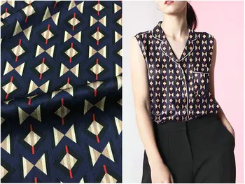 

22mm herringbone pattern heavy silk fabric navy blue geometric digital printing elastic silk satin dress fabric boutique fabric