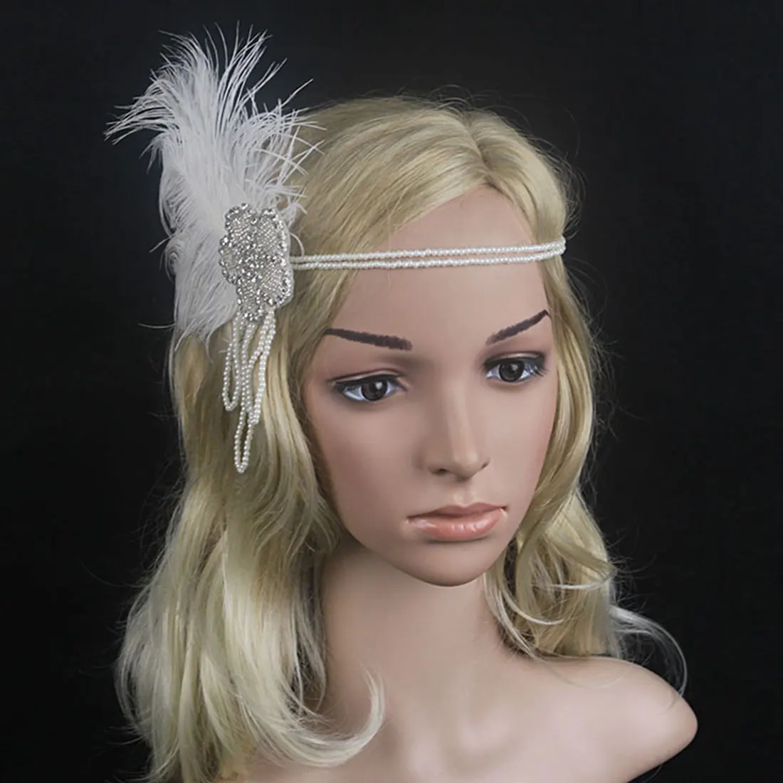 

Hair Accessories White Rhinestone Beaded HeadWear Vintage Party Headband Ladies Stylish Headpiece Feather Pearl Headdress