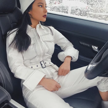 

2019 Cargo White Black Women Long Sleeve Jumpsuit Casual Pocket Cool Streetwear Button Romper with Belt Blazer Jumpsuit