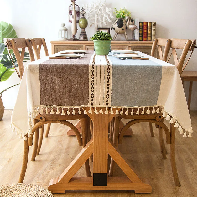  Plaid Decorative Linen Tablecloth With Tassel Waterproof Oilproof Thick Rectangular Wedding Dining 