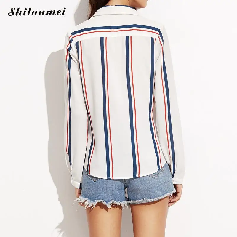 Verano manga larga blusa mujer camisa Oficina desgaste Tops Casual Vertical Striped impresión sencilla camisa Blusas Femininas Ropa Verano manga larga blusa mujer camisa Oficina desgaste Tops Casual Vertical Striped impresión sencilla camisa Blusas Femininas Ropa