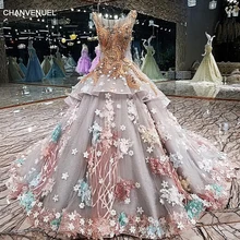LS00122 Evening Party Gowns Luxury Gray Ball Gown Applique Lace 3D Flowers Evening Dress 2017 Vestido De Festa Real Photos