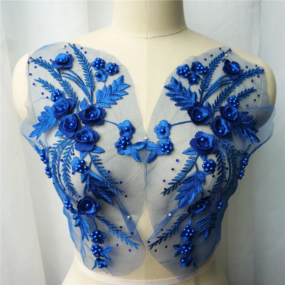 

2PCS Royal Blue Lace Fabric 3D Flower Tassel Beads Rhinestone Embroidered Wedding Gown Appliques Sew Patch For Dress DIY Decor