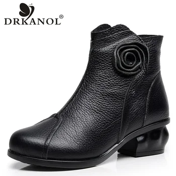 

DRKANOL 2019 National Style Women Boots Genuine Leather Thick Heel Ankle Boots For Women Winter Warm Boots Round Toe Shoes