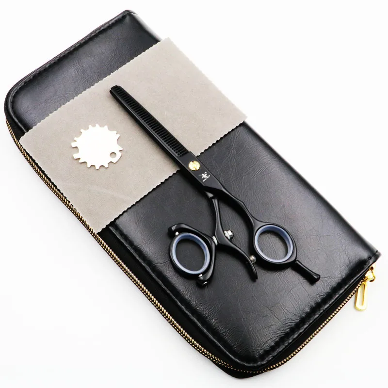 Tesoura de Corte + Tesoura de Desbaste Cavaleiro Preto Profissional Cabeleireiro Tesoura Anel Rotativo 6 Polegada 2 Peças Conjunto 10 Tesouras de cabelo