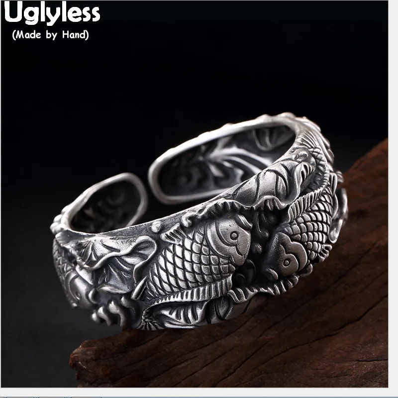 

Uglyless 100% Real Solid 999 Fine Silver Fishes Bangles for Women Exaggerated Wide Bangles Ethnic Thai Silver Fish Fine Jewelry