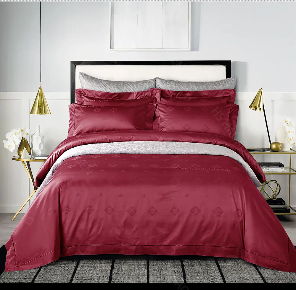 Hs 100s Luxurious Crimson Jacquard 4pcs Bedding Sets 100 Cotton Hs 100s Luxurious Crimson Jacquard 4pcs Bedding Sets 100 Cotton High Density Duvet Cover Bed Sheets Set Queen King Linen