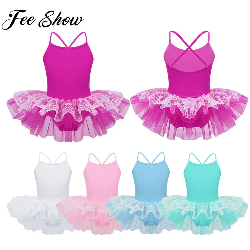 Kids Girls Ballet Dance Clothes Shoulder Straps Layered Lace Ballet ...