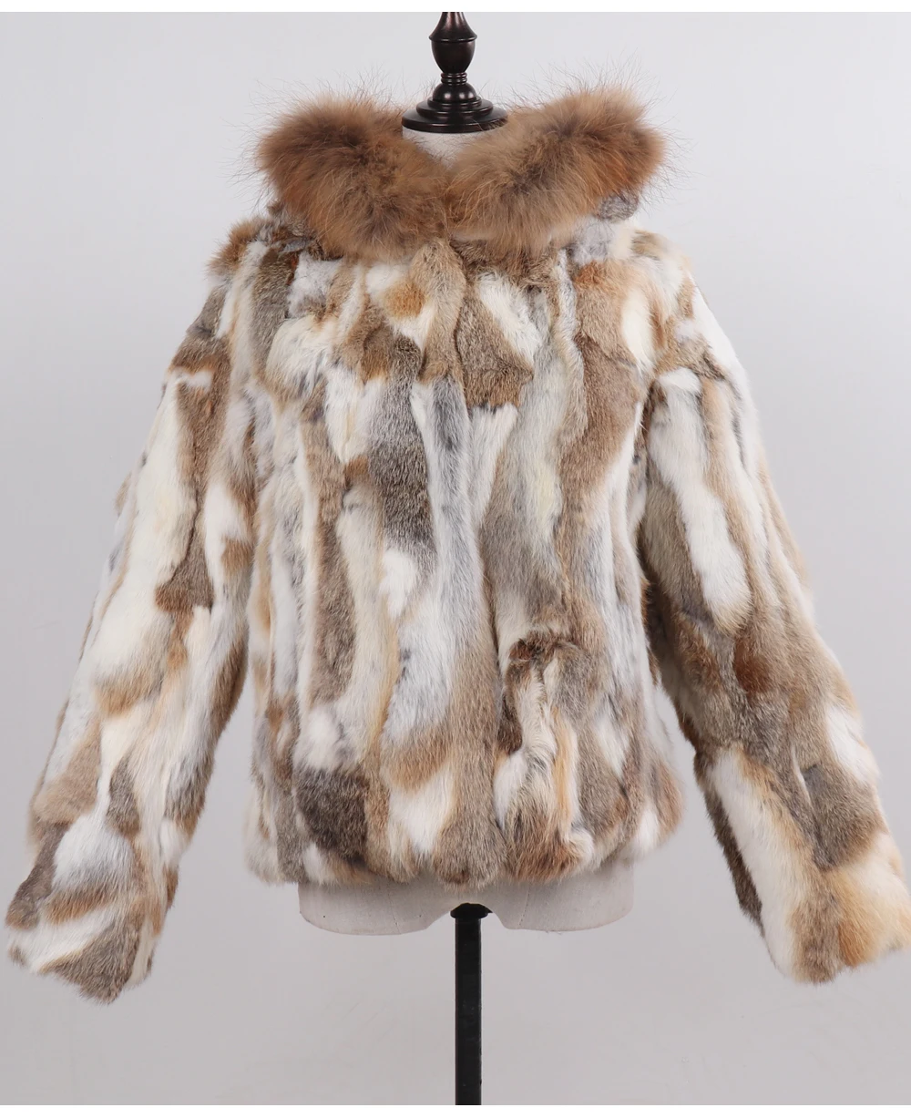 Новые брендовые зимние пальто из натурального меха, женские теплые куртки из натурального кроличьего меха с воротником из меха енота, женские пальто с капюшоном из натурального меха