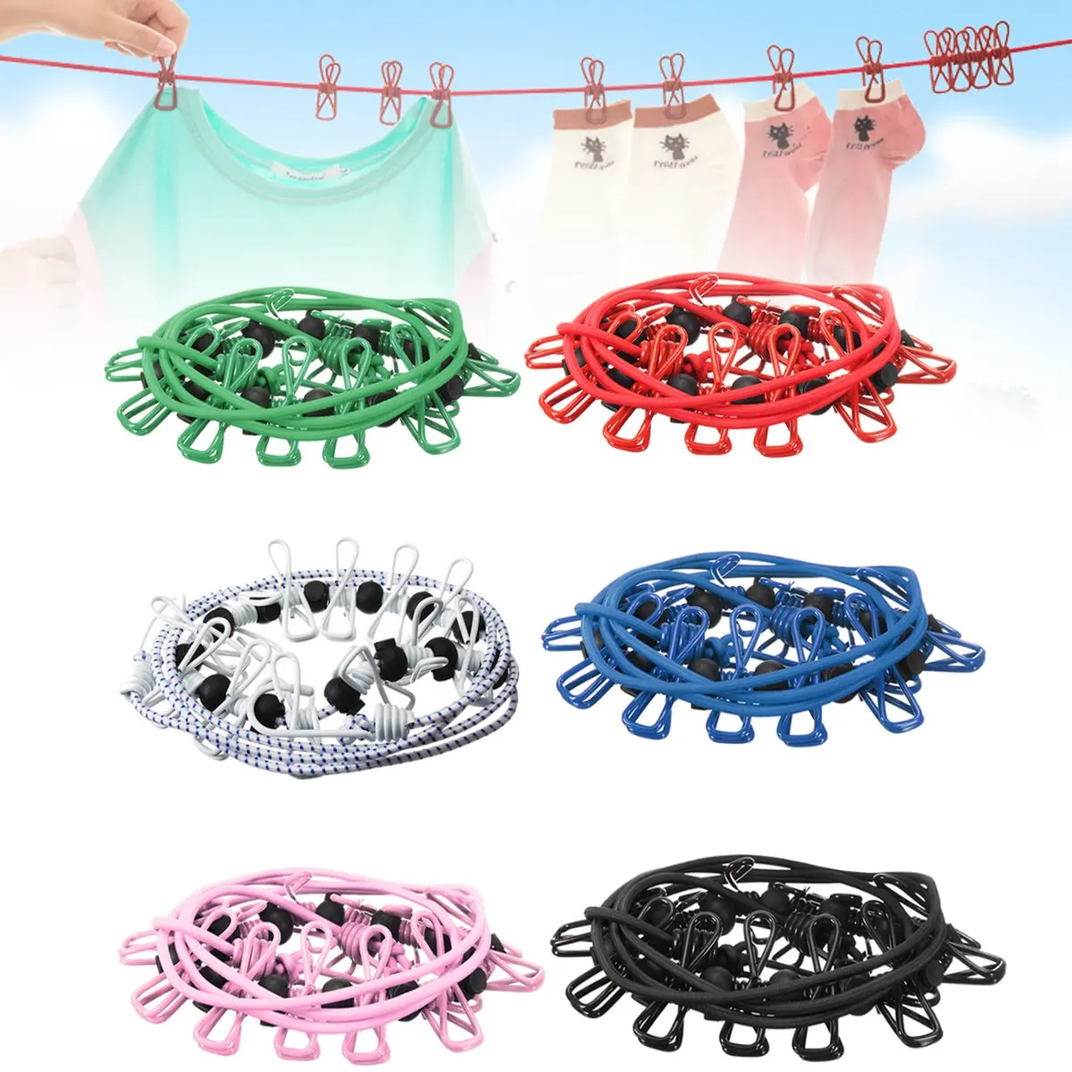 

12 Clip Peg Travel Camping Elastic Washing Hanging Clothes Line Clothesline Rope