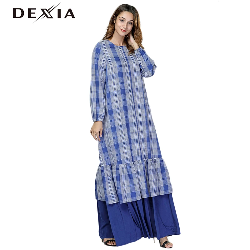 7444 Maxi Plus Bohemian Party Long Blue Sleeve Dexia 4xl Size Spring Plaid Full Dress Robe Women Loose Office 3xl wPPOnqI7T